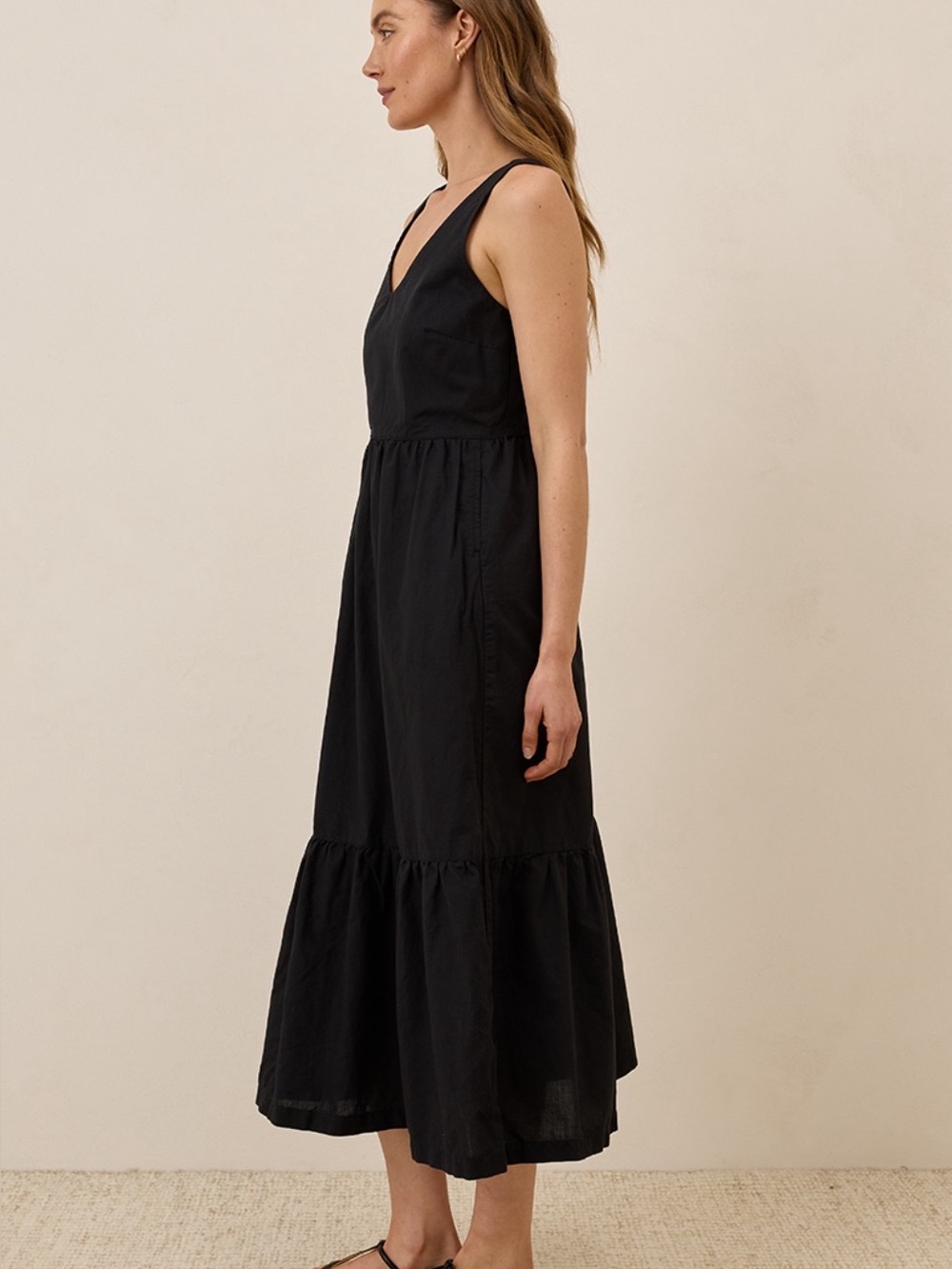 Pact Black Sleeveless Tiered Maxi Dress Organic Cotton Linen Sz M